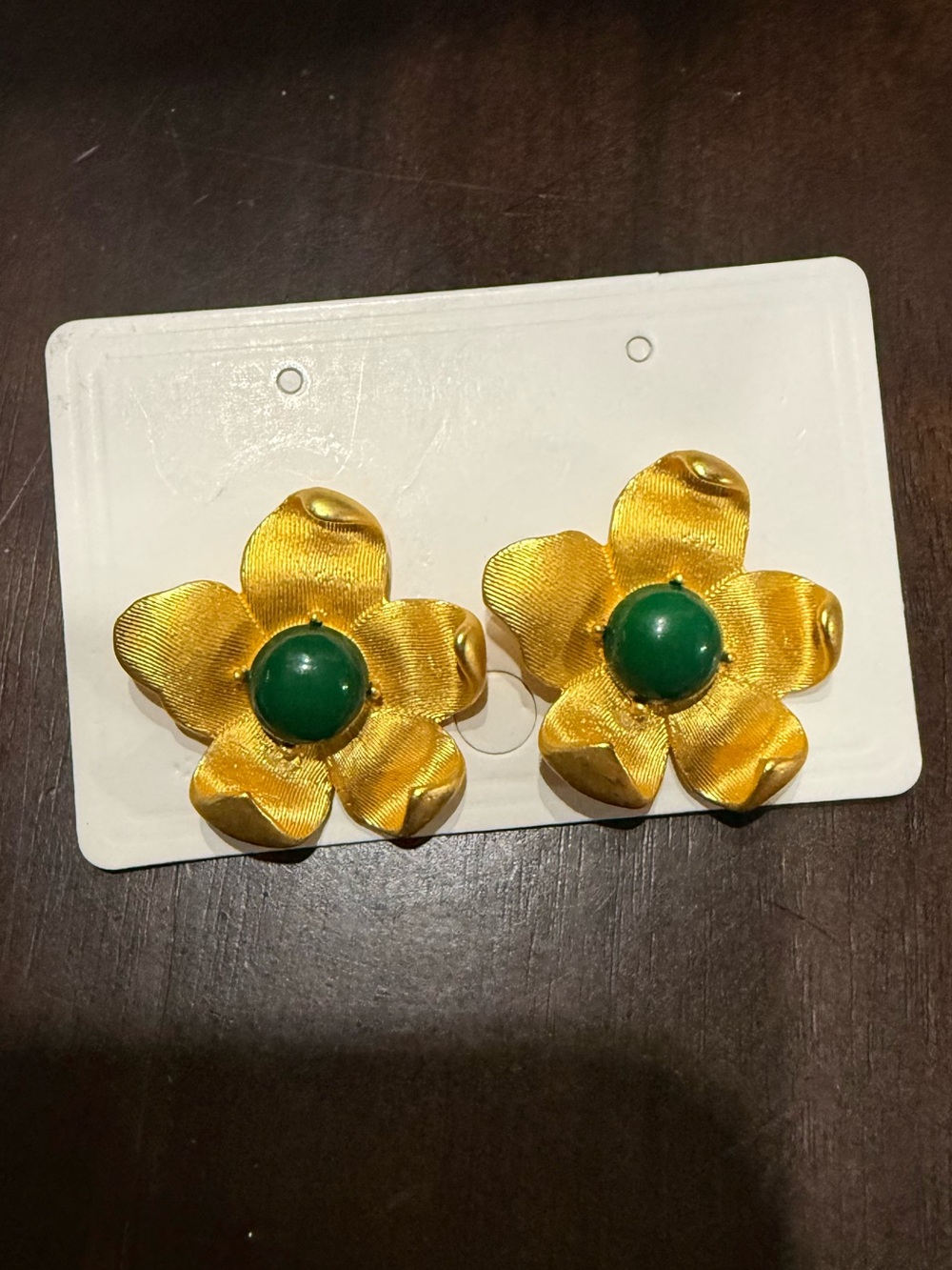 NEW Gold Flower Earrings with Green Center Accent